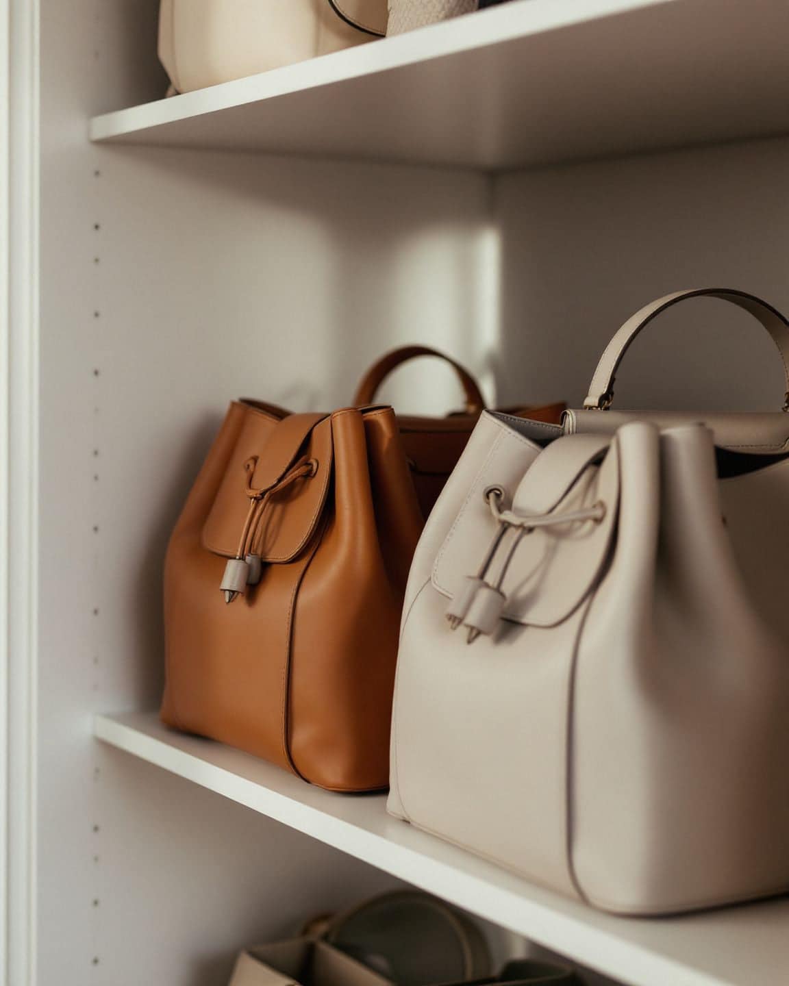 Leather handbags arranged on a closet shelf.