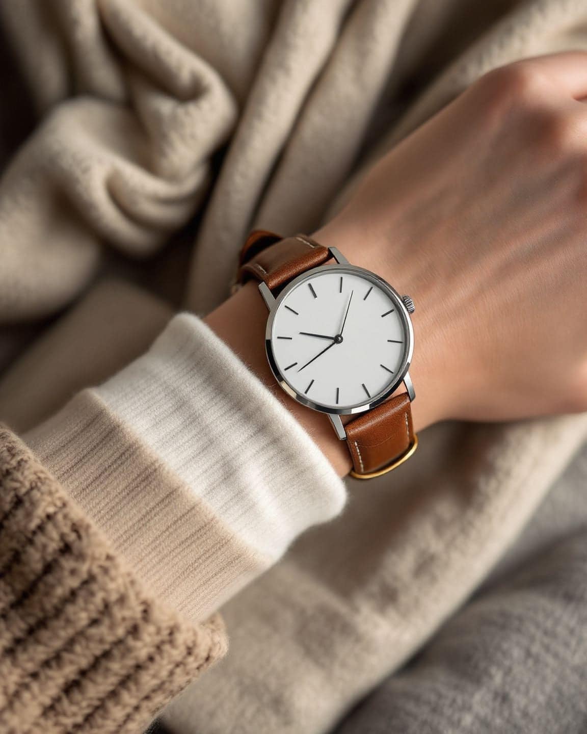 A wrist wearing a steel watch with a plain white dial against a cream sweater.