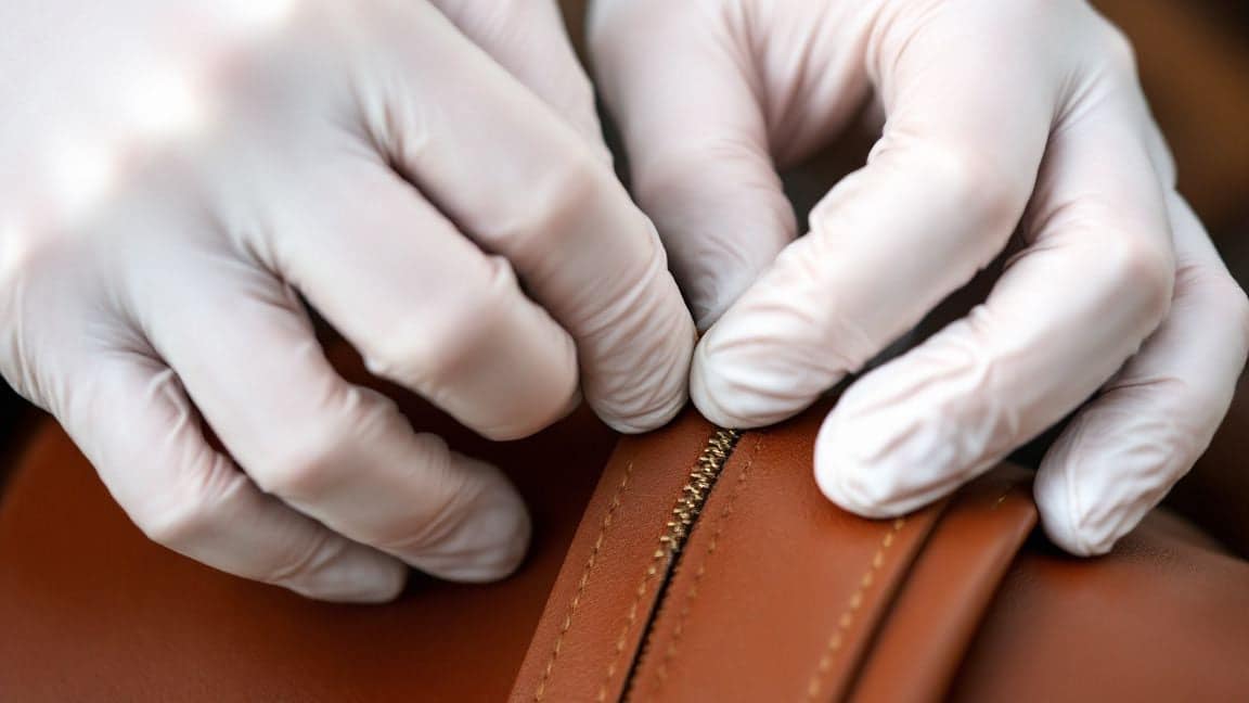 Gloved hands inspect the stitching and zipper of a leather bag.