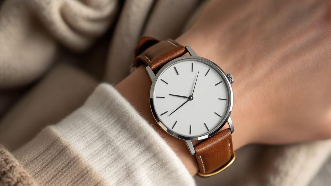 A wrist wearing a steel watch with a plain white dial.